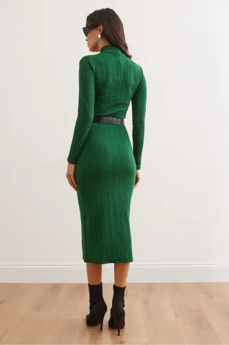 Woman Emerald Green Turtleneck Belted Slit - 7