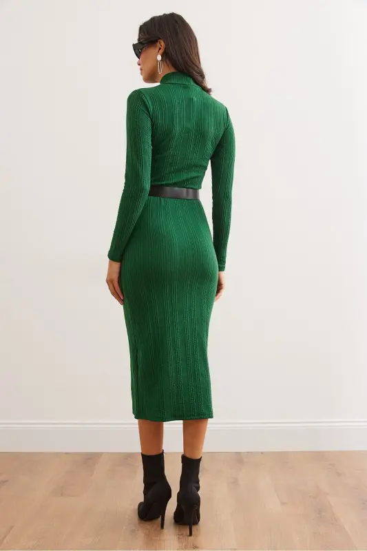 Woman Emerald Green Turtleneck Belted Slit - 7