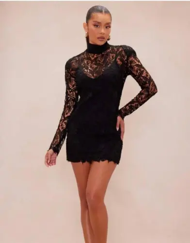 Woman Fisherman Collar Full Lace Guipure Mini Dress - 1