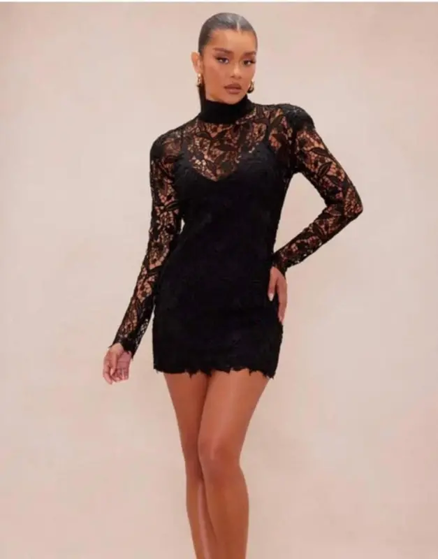 Woman Fisherman Collar Full Lace Guipure Mini Dress - 1