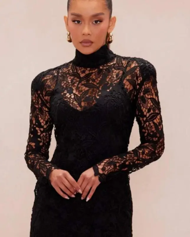 Woman Fisherman Collar Full Lace Guipure Mini Dress - 2