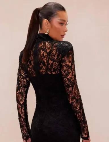 Woman Fisherman Collar Full Lace Guipure Mini Dress - 3