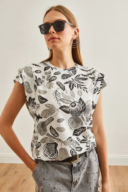 Woman Flower Black Arm Detailed Cotton T-Shirt TSH-190 - 7