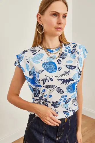 Woman Flower Blue Arm Detailed Cotton T-Shirt TSH-1900 