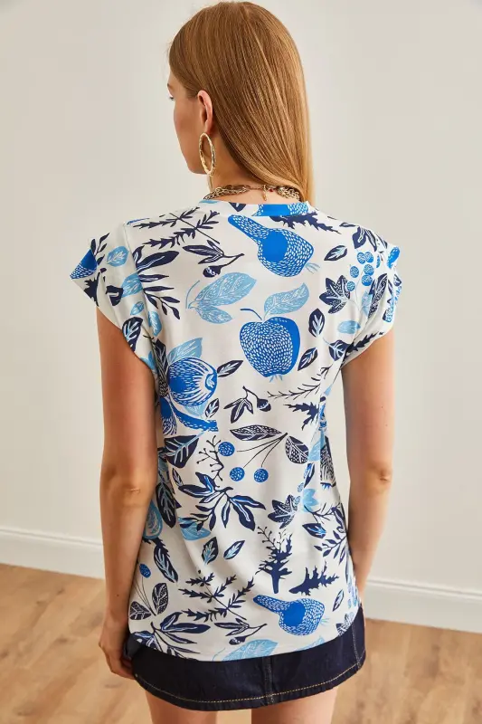 Woman Flower Blue Arm Detailed Cotton T-Shirt TSH-1900 - 2