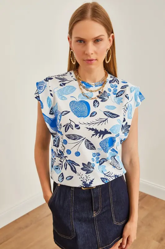 Woman Flower Blue Arm Detailed Cotton T-Shirt TSH-1900 - 3