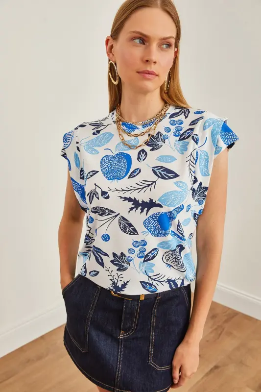 Woman Flower Blue Arm Detailed Cotton T-Shirt TSH-1900 - 4