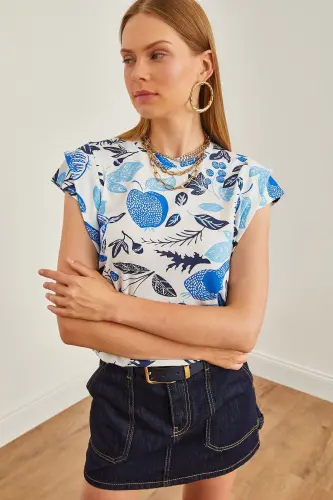 Woman Flower Blue Arm Detailed Cotton T-Shirt TSH-1900 - 6