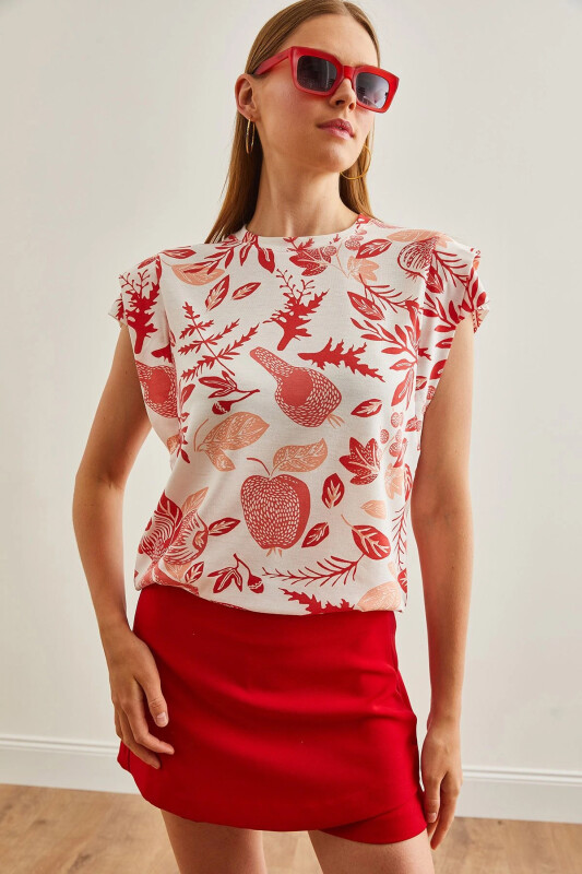 Woman Flower Coral Arm Detailed Cotton T-Shirt TSH-19 - 1