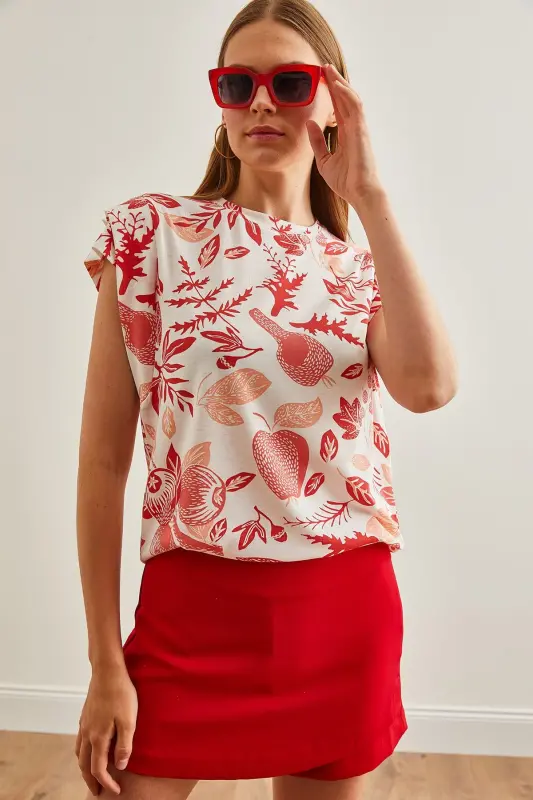 Woman Flower Coral Arm Detailed Cotton T-Shirt TSH-19 - 4