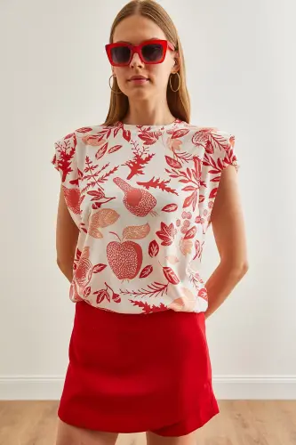 Woman Flower Coral Arm Detailed Cotton T-Shirt TSH-19 - 5