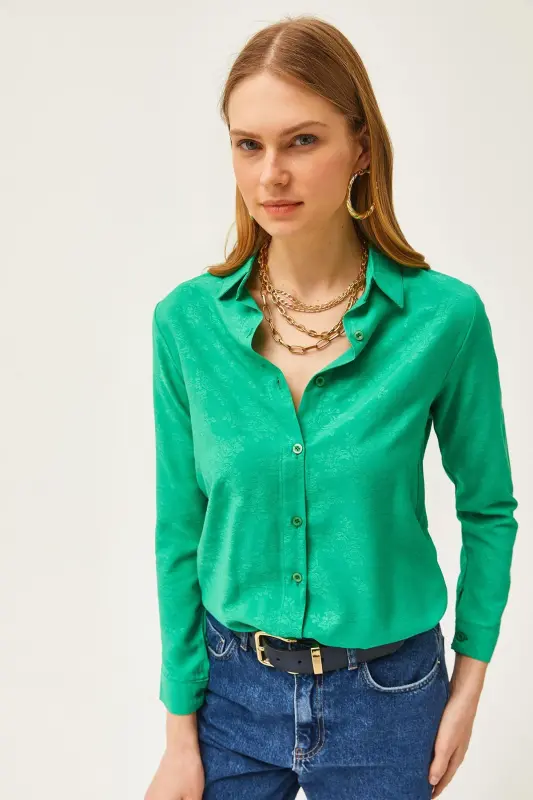 Woman Flower Grass Jacquard Satin Detailed Woven Shirt GML-19001173-Flower Grass - 5