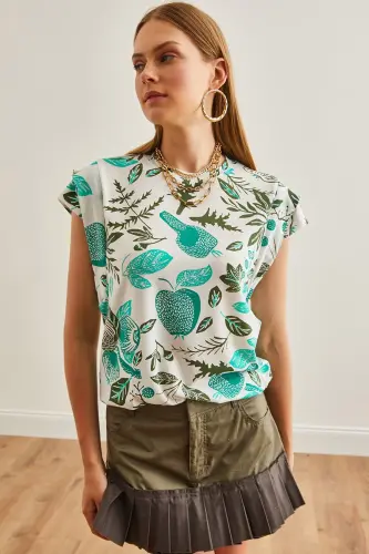 Woman Flower Green Arm Detailed Cotton T-Shirt TSH-190 