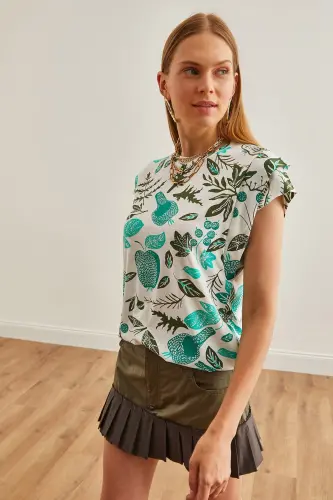 Woman Flower Green Arm Detailed Cotton T-Shirt TSH-190 - 4