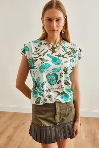 Woman Flower Green Arm Detailed Cotton T-Shirt TSH-190 - 5