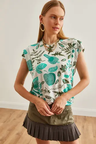 Woman Flower Green Arm Detailed Cotton T-Shirt TSH-190 - 7