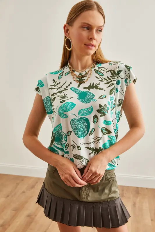 Woman Flower Green Arm Detailed Cotton T-Shirt TSH-190 - 7
