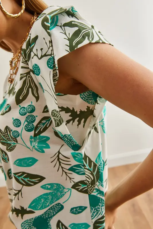 Woman Flower Green Arm Detailed Cotton T-Shirt TSH-190 - 4