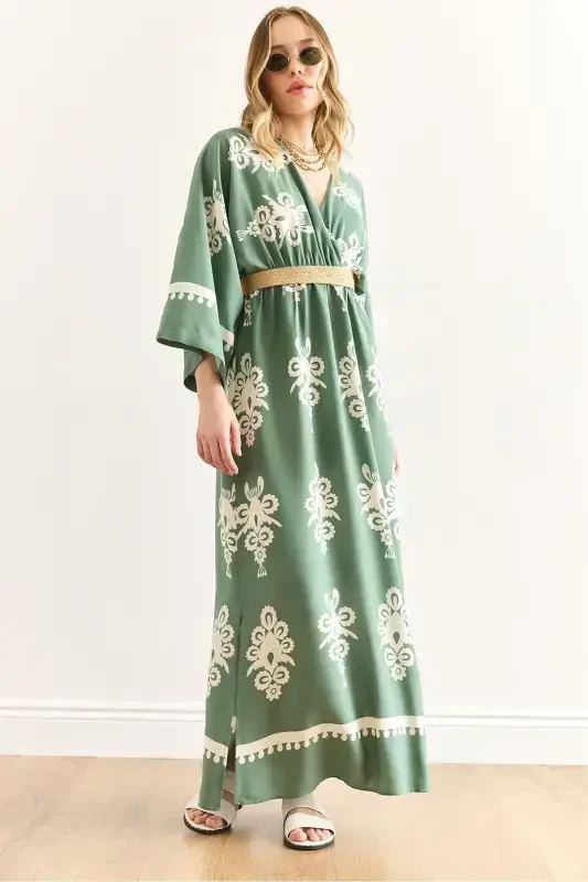 Woman French Green Crossover Neck Waist Elastic Dress - OLALOOK