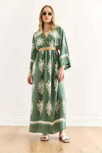 Woman French Green Crossover Neck Waist Elastic Dress - OLALOOK (1)