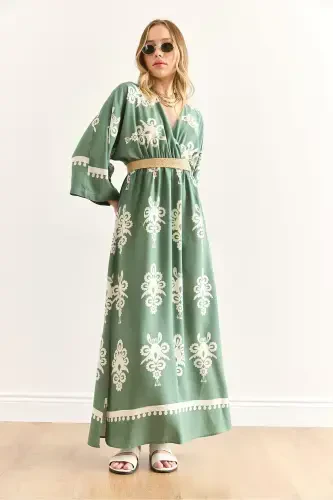 Woman French Green Crossover Neck Waist Elastic Dress - 3
