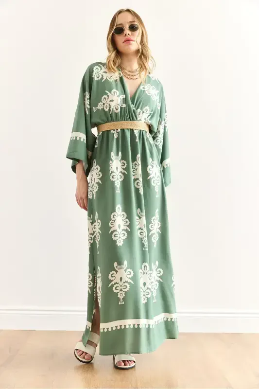 Woman French Green Crossover Neck Waist Elastic Dress - 4