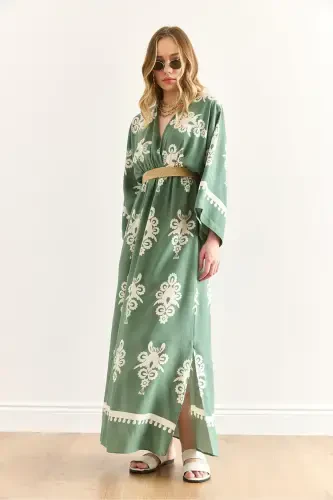 Woman French Green Crossover Neck Waist Elastic Dress - 5