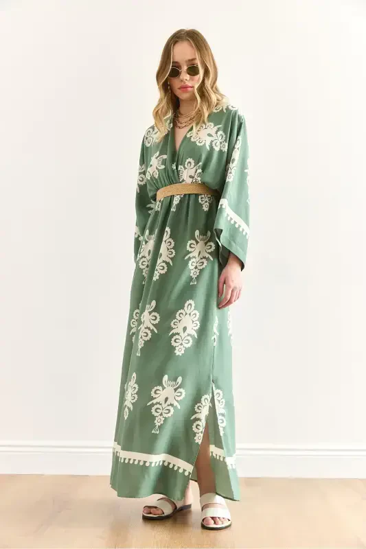 Woman French Green Crossover Neck Waist Elastic Dress - 5