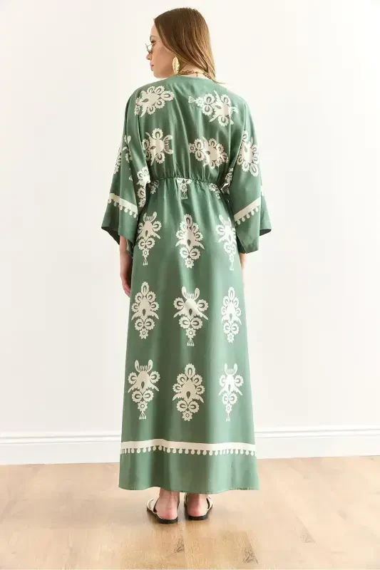 Woman French Green Crossover Neck Waist Elastic Dress - 6