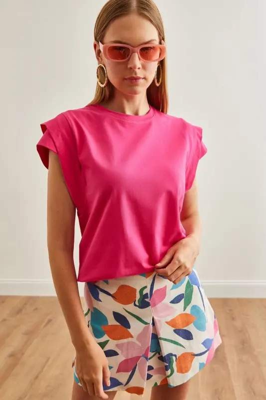 Woman Fuchsia Arm Detailed Cotton T-Shirt TSH-19000819- - 1