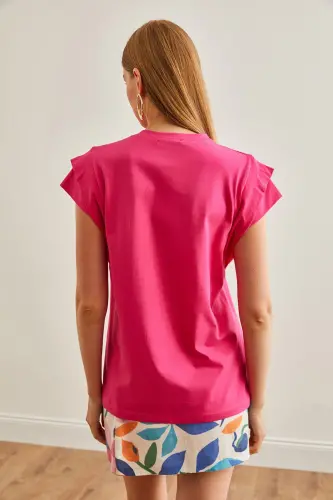 Woman Fuchsia Arm Detailed Cotton T-Shirt TSH-19000819- - 2