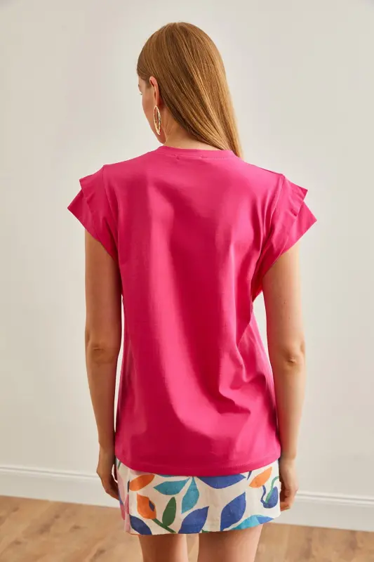 Woman Fuchsia Arm Detailed Cotton T-Shirt TSH-19000819- - 2