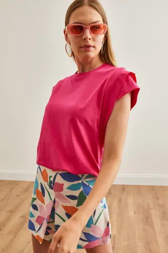 Woman Fuchsia Arm Detailed Cotton T-Shirt TSH-19000819- - 3