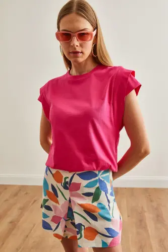 Woman Fuchsia Arm Detailed Cotton T-Shirt TSH-19000819- - 4