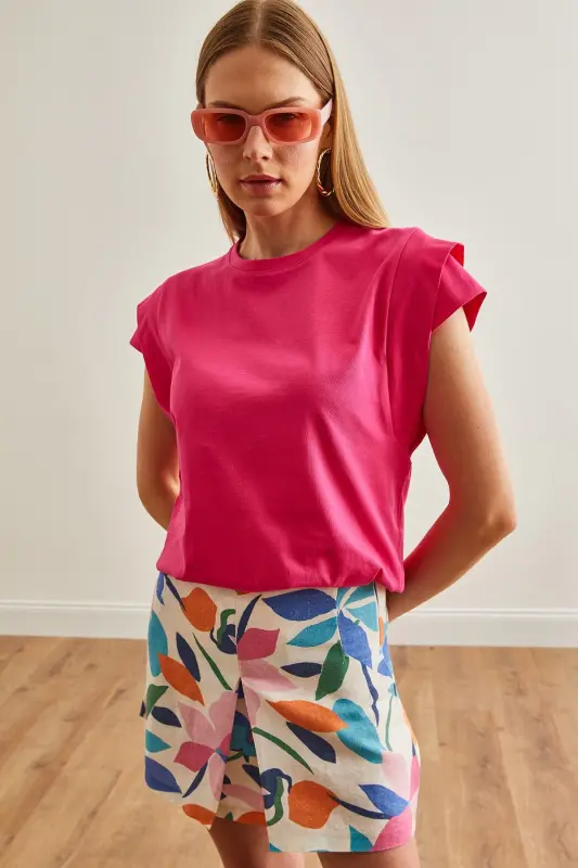 Woman Fuchsia Arm Detailed Cotton T-Shirt TSH-19000819- - 4