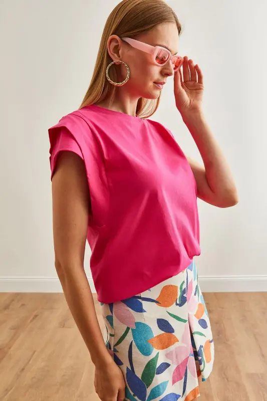 Woman Fuchsia Arm Detailed Cotton T-Shirt TSH-19000819- - 5