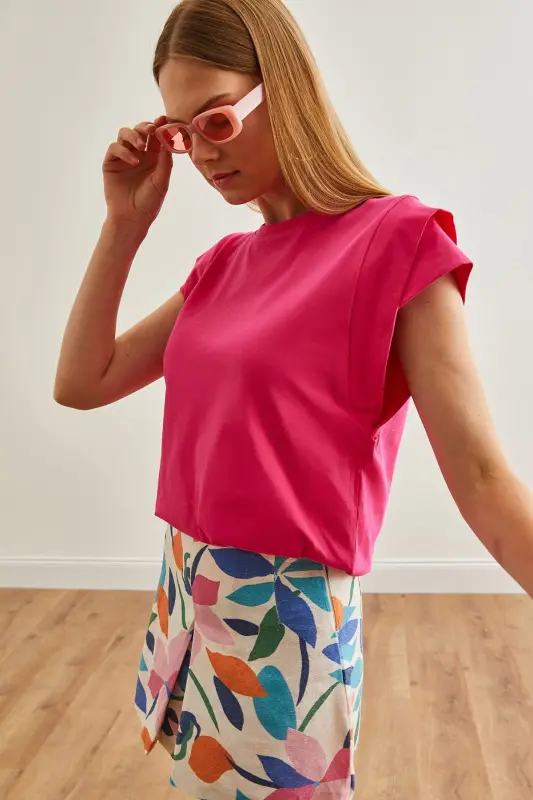 Woman Fuchsia Arm Detailed Cotton T-Shirt TSH-19000819- - 7