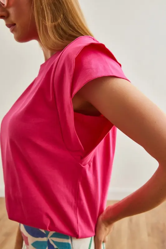 Woman Fuchsia Arm Detailed Cotton T-Shirt TSH-19000819- - 8