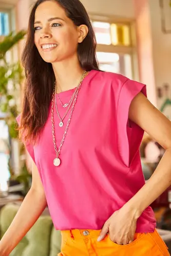 Woman Fuchsia Armpit Detailed Bat T-Shirt TSH- - 6