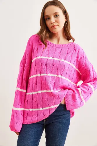 Woman Fuchsia Hair Braided Knitted Sweater with Line Detail KZK-19000919-Fuchsia - 4
