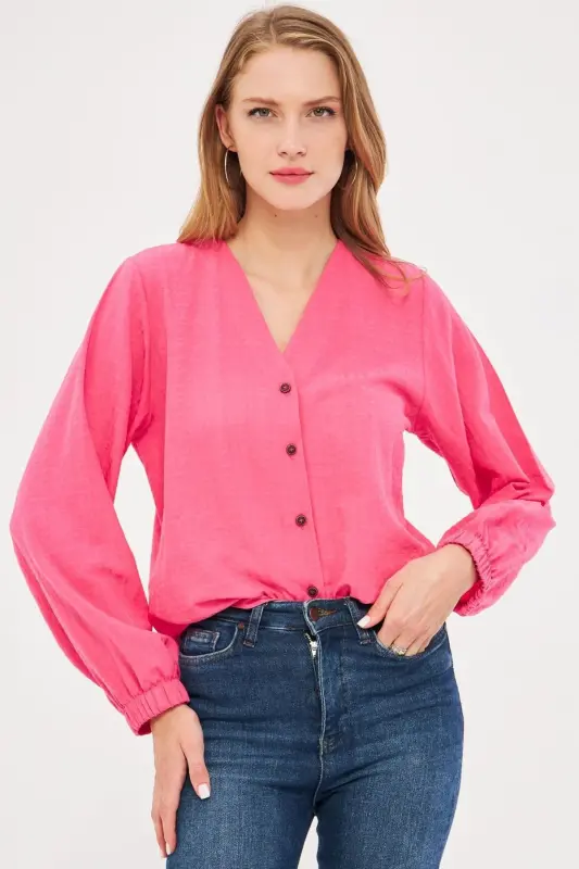 Woman Fuchsia Sleeve Rubberized Blouse ARM-24K0 - 1