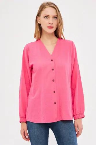 Woman Fuchsia Sleeve Rubberized Blouse ARM-24K0 - 3