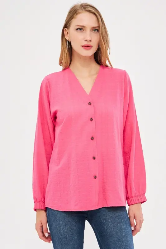 Woman Fuchsia Sleeve Rubberized Blouse ARM-24K0 - 3