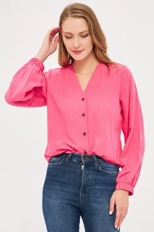 Woman Fuchsia Sleeve Rubberized Blouse ARM-24K0 - 4