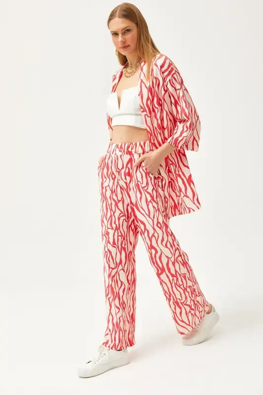 Woman Fuchsia Top Kimono Bottom Pocketed Pants Set TK - 1