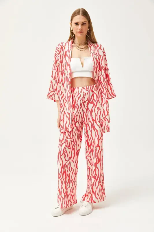 Woman Fuchsia Top Kimono Bottom Pocketed Pants Set TK - 3
