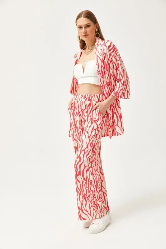 Woman Fuchsia Top Kimono Bottom Pocketed Pants Set TK - 4