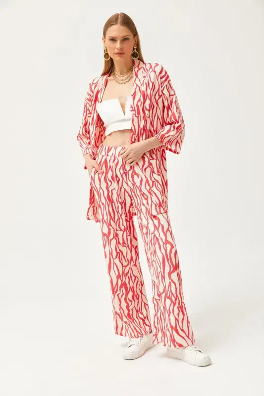 Woman Fuchsia Top Kimono Bottom Pocketed Pants Set TK - 5