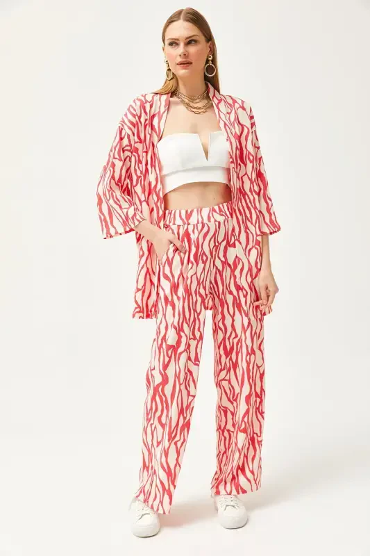 Woman Fuchsia Top Kimono Bottom Pocketed Pants Set TK - 6