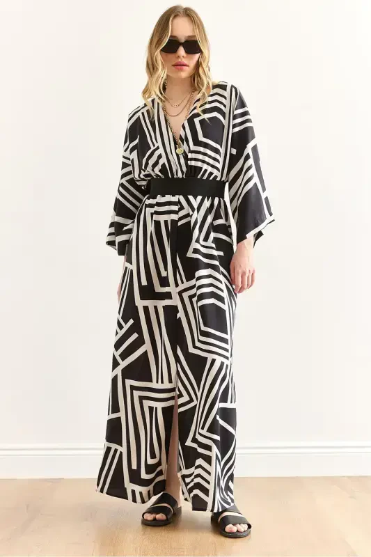 Woman Geometric Black Wrap Collar Elastic Waist M - OLALOOK